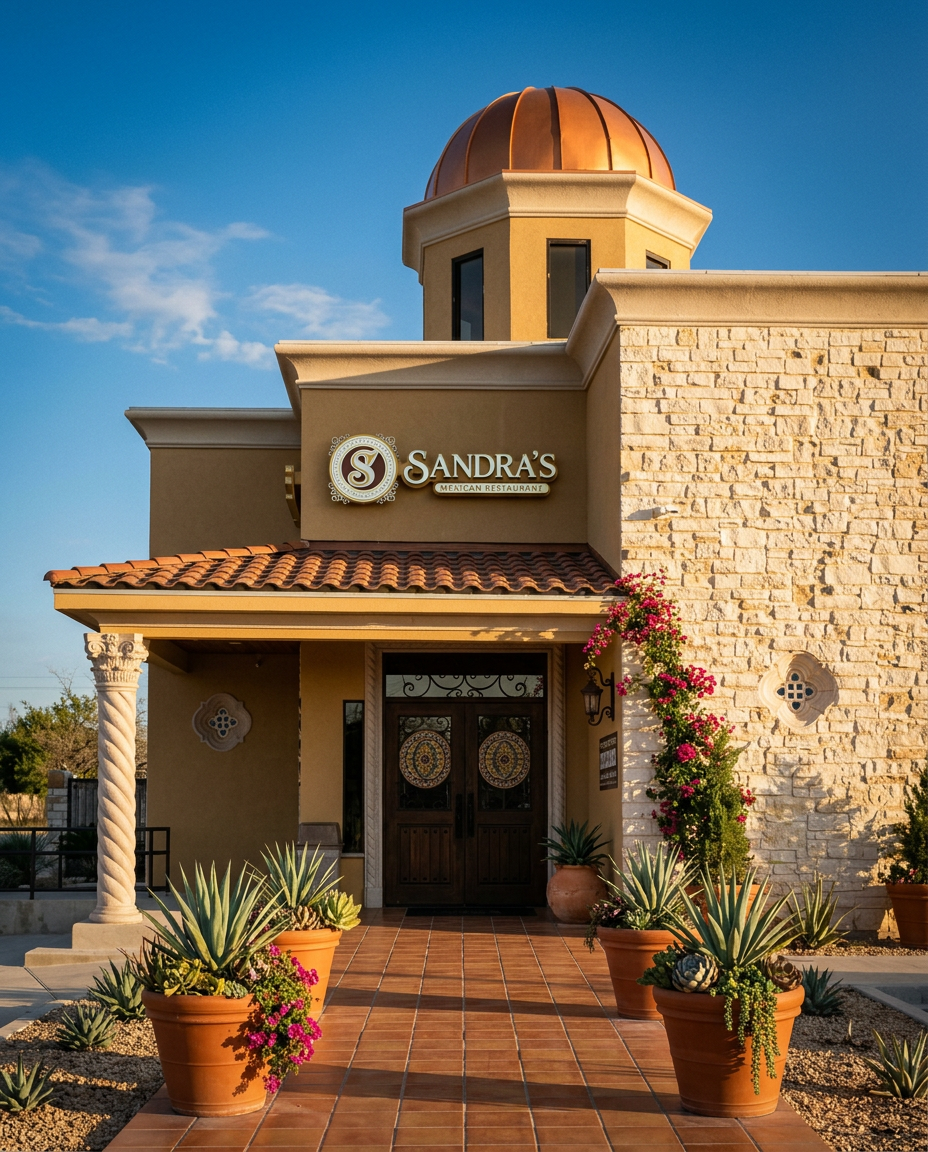 Sandra's Mexican Restaurant entrance with copper dome, Saltillo tile walkway and bougainvillea