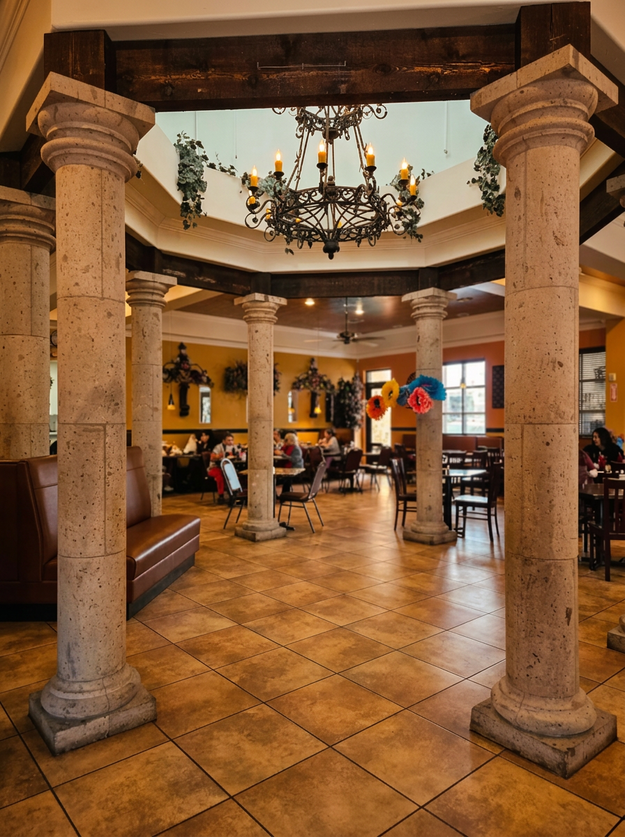 Tink-A-Tako dining room with stone columns and chandelier